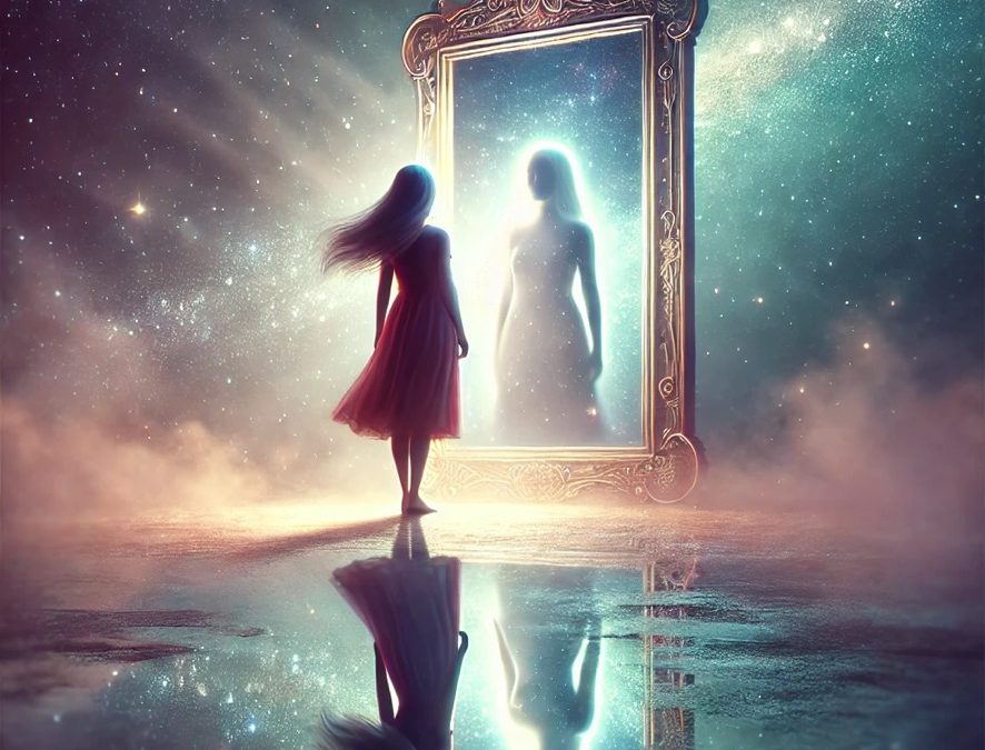 A mystical introspective scene featuring a woman standing in front of a mirror.